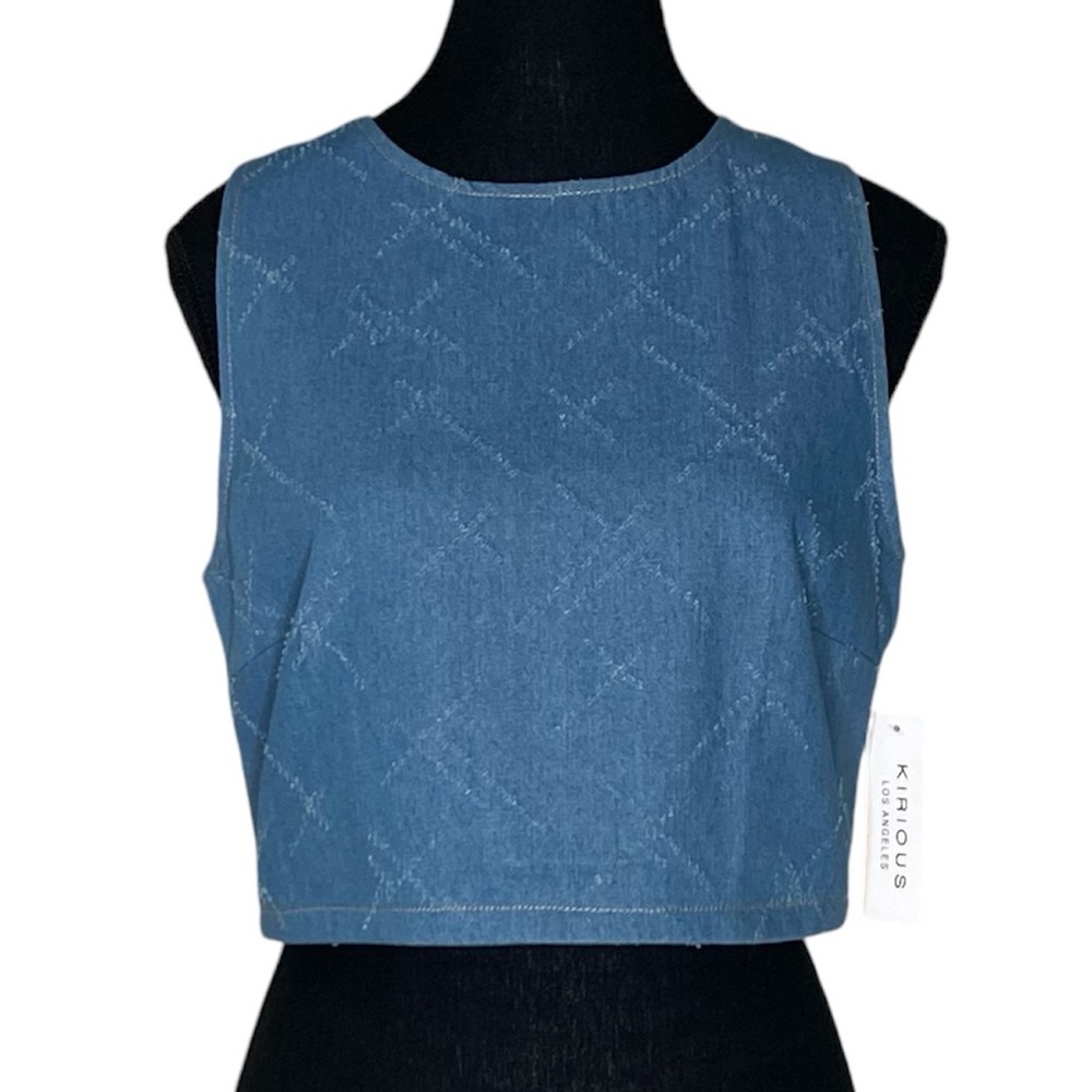 KIRIOUS New Jean Denim Crop Top Sleeveless Tank Top Distressed Y2K Zipper Small